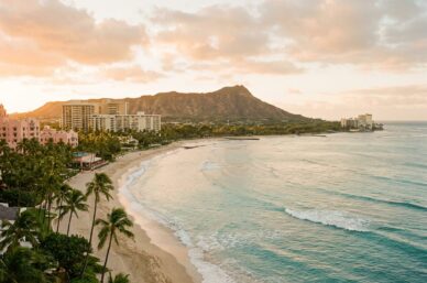 Oahu - Diamond Head and Waikiki Beach at sunset