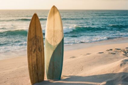 Surfboard rental on a Hawaii beach at sunset