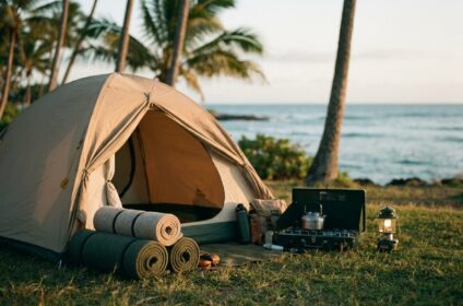 Camping gear rental set at a Hawaii coastal campsite