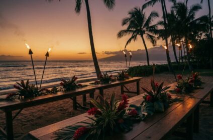 Traditional Hawaiian luau at sunset